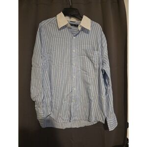 Nautica‎ Blue Striped Button Down, Men's Large Shirt, Long Sleeve, White Collar